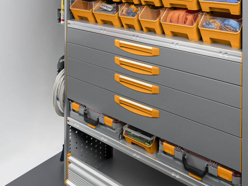 Modular van racking drawers and drawer units in steel or aluminium